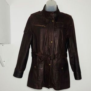 Vintage Brown Leather Jacket Button with Belt S